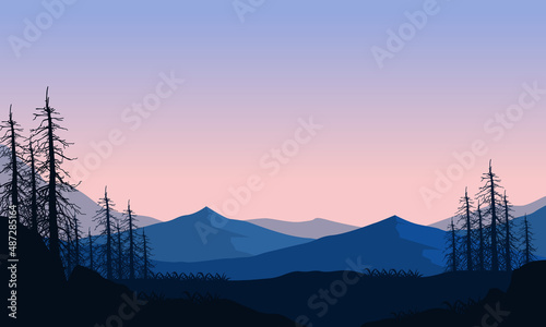 Stunning mountain view at dusk from the forest with the silhouettes of dry trees around