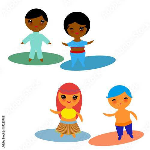 Cute Kawaii boy and girl. Cartoon children, surfing, swim on surfboards in the ocean, isolated on white background. Can be used for card banner design for your text. Vector