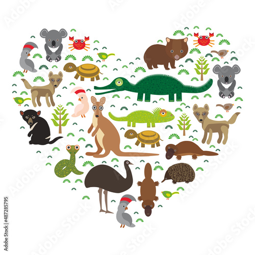 Animals Australia Collection  Echidna Platypus ostrich Emu Tasmanian devil Cockatoo parrot Wombat snake turtle crocodile kangaroo dingo. Green heart isolated on white background card banner. Vector