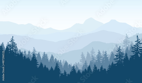 Vector illustration of a beautiful blue mountain landscape with fog and forest.