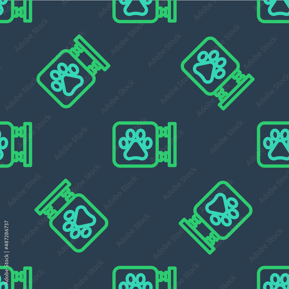 Line Veterinary clinic symbol icon isolated seamless pattern on blue background. Cross hospital sign. A stylized paw print dog or cat. Pet First Aid sign. Vector