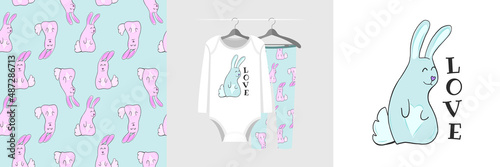 Seamless pattern and illustration set with cute bunny and Love text. Baby design pajamas, background for apparel, room decor, tee prints, baby shower, fabric design, wrapping