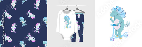 Seamless pattern and illustration set with cheerful giggling horse riding a scooter. Baby design pajamas, background for apparel, room decor, tee prints, baby shower, fabric design, wrapping