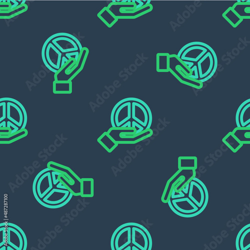 Line Peace icon isolated seamless pattern on blue background. Hippie symbol of peace. Vector