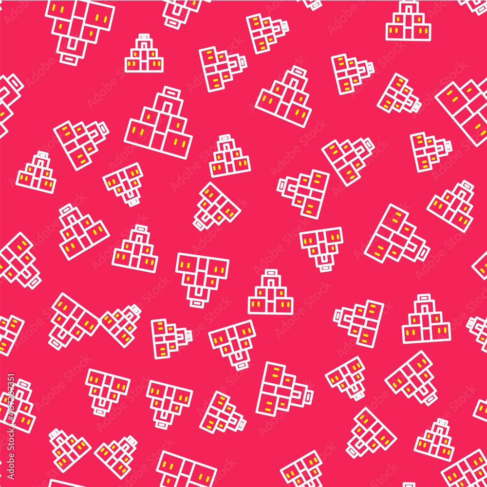 Line Chichen Itza in Mayan icon isolated seamless pattern on red background. Ancient Mayan pyramid. Famous monument of Mexico. Vector Line Chichen Itza in Mayan icon isolated seamless pattern on red background. Ancient Mayan pyramid. Famous monument of Mexico. Vector