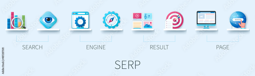 SERP banner with icons. Search Engine Result Page. Business concept. Web vector infographic in 3D style