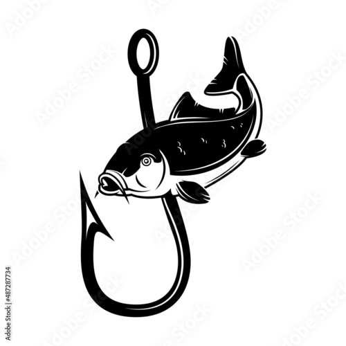 Carp and fishing hook. Design element for emblem, sign, badge, logo. Vector illustration