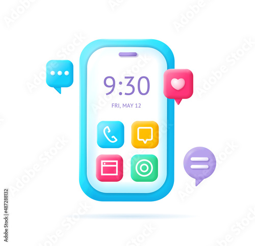 3d Mobile Phone and Speech Bubbles Plasticine Cartoon Style. Vector