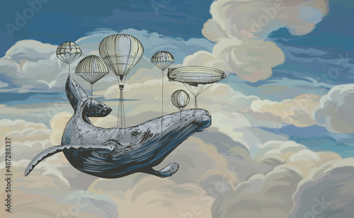 Children wallpaper. Whale in the sky with air balloons. Illustration of clouds on a blue background. Beautifully painted sky. Drawn book illustration, card, postcard, wallpaper, mural