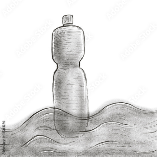 hand drawn sketch of a plastic bottle in the ocean