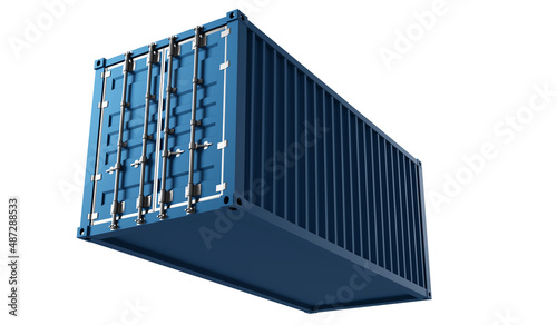 Blue shipping container isolated. Metal box volumetric. Detailed container for sea transportation. Large logistics container. Box for transportation and storage of goods on white. 3d rendering.