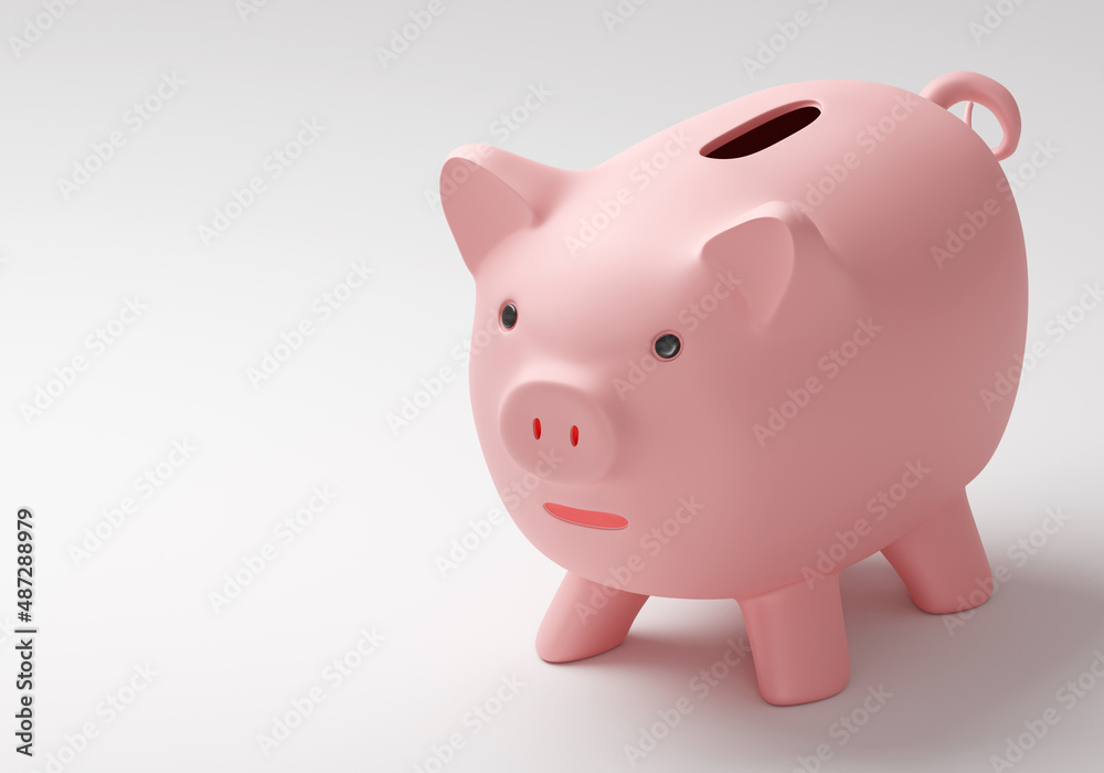 Piggy bank on light background. Pink piggy bank for saving money. Wealth accumulation concept. Piggy bank symbolizes saving money. Place for text on topic of money. Moneybox cartoon style. 3d image.