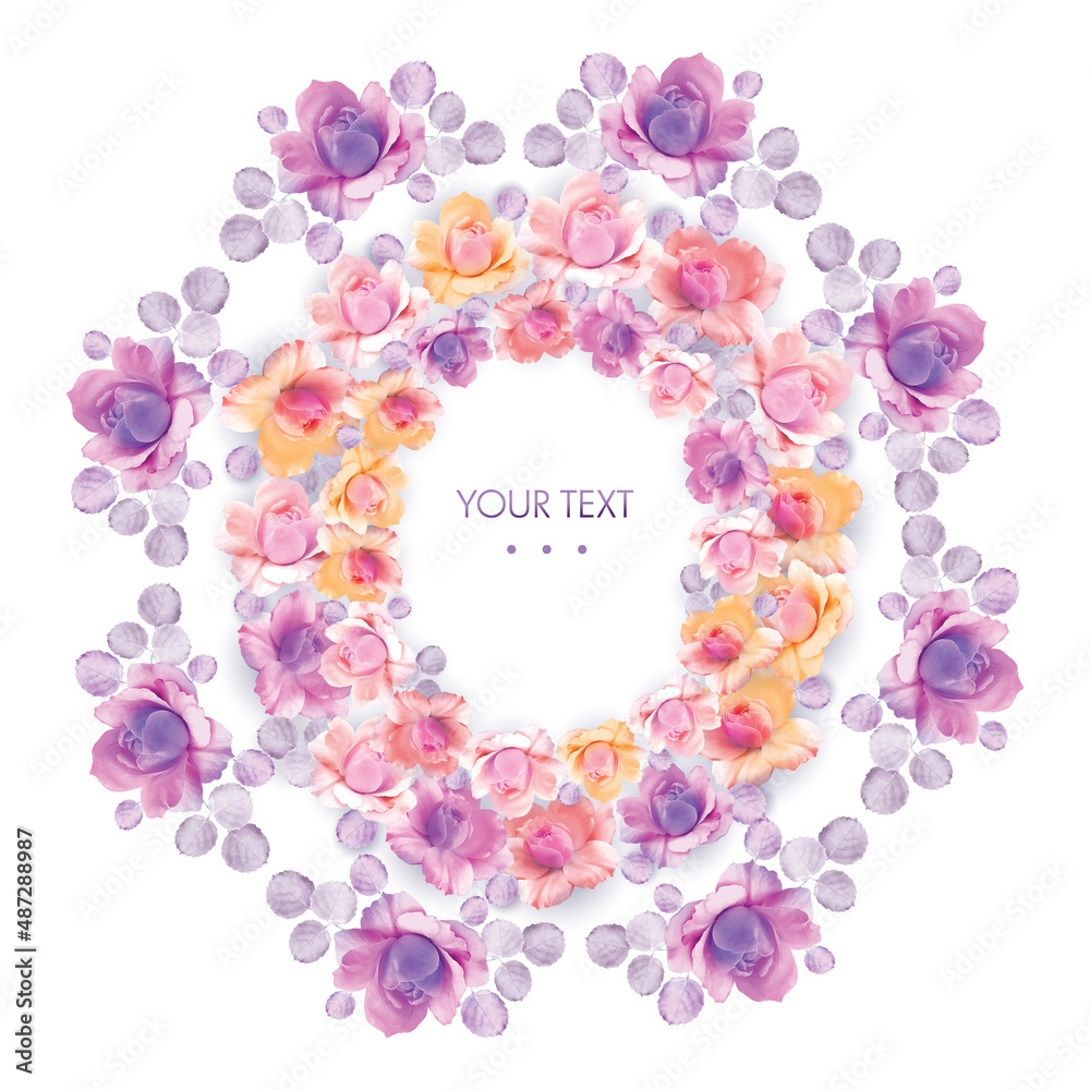 Botanical floral fashion decorative photoprint digital illustration circular composition of roses decor, posters and postcards in delicate purple pink and yellow colors on a white background.