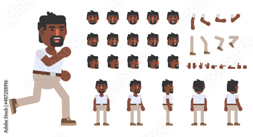 Creation kit of a trendy black or indian man in casual outift. Modern vector illustration. Create your own pose, action, animation