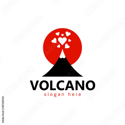 Sign or symbol of a black volcano with erupting hearts against a red sun. Logo concept. flat style
