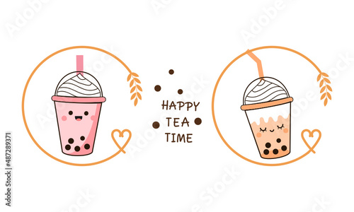 Bubble milk tea cup cartoons with circle sign logo on white background vector illustration.