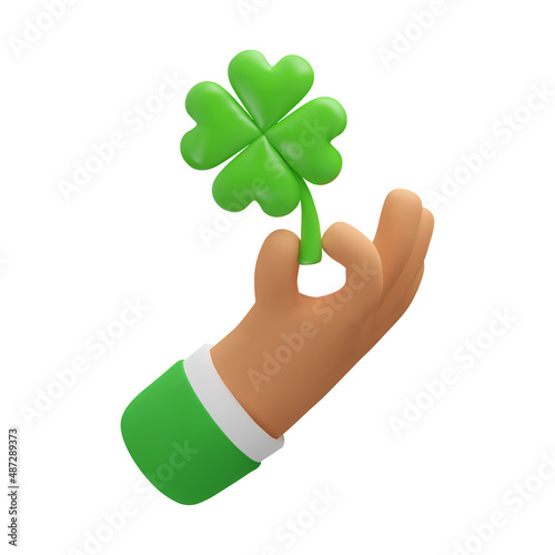 3d icon hand holding clover leaf. Business arm with green shamrock, luck and success symbol. Vector cartoon realistic render illustration isolated. St. Patrick icon