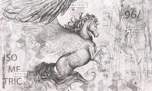 Graphic drawn pegasus with wings and geometry on a dark concrete grunge wall. Design for wallpaper, photo wallpaper, mural, card, postcard. Illustration in the loft, classic, modern style.