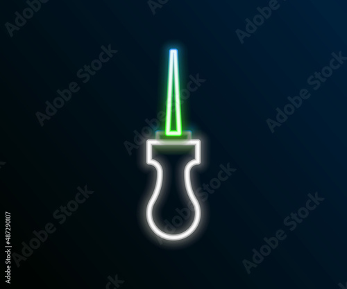 Glowing neon line Awl tool with wooden handle icon isolated on black background. Work equipment tailor industry. Colorful outline concept. Vector