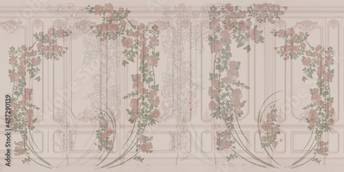 Roses painted on the wall in the baroque, rococo style.  A plot with flowers for mural, wallpaper, photo wallpaper, painting, postcard, card.