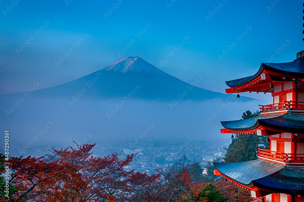 Asian Travel Destinations. Great Fuji Mountin With Chureito Pagoda During Fall Season with Red  maple Trees in Fujiyoshida, Japan