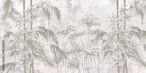 Graphic exotic flowers on the concrete grunge wall. Designed for photo wallpaper, wallpaper, mural design in the loft, classic, modern style. Tropical brunches.  photo