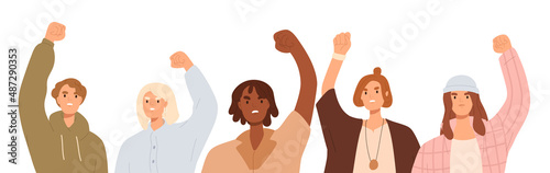Woman activists at protest. Women at demonstration, fighting for freedom, equality, rights. Female strike. Protesters with raised fists, hands. Flat vector illustration isolated on white background
