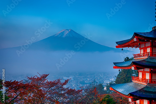 Asian Travel Destinations. Great Fuji Mountin With Chureito Pagoda During Fall Season with Red maple Trees in Fujiyoshida, Japan