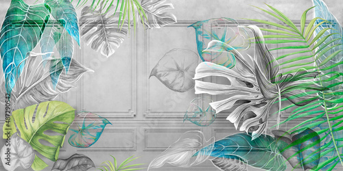 Tropical leaves on concrete background. Great choise for wallpaper, mural, photo wallpaper, card, posrcard. Design for modern and loft interiors.
