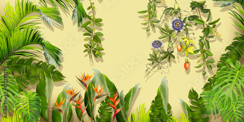 Fototapeta Naklejka Na Ścianę i Meble -  Drawn exotic tropical plants, flowers and leaves on a light beige background. Great choise for wallpaper, photo wallpaper, mural, card, postcard. Design for modern and loft interiors.