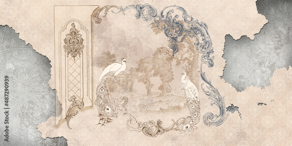 Wall mural, wallpaper, in the style of classic, baroque, modern, rococo. Wall mural with peacocks and patterned background. Light, delicate photo wallpaper design. - obrazy, fototapety, plakaty 