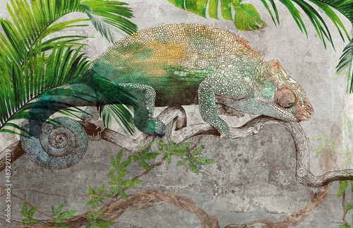 Graphic drawn chameleon on grey concrete grunge wall. Great choise for wallpaper, photo wallpaper, mural, card, postcard. Design for modern and loft interiors. photo