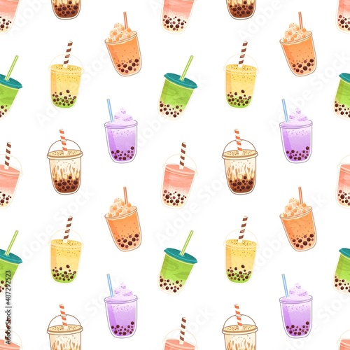 Boba pattern. Seamless background with bubble milk tea. Repeating print of tapioca pearl drink in cups. Endless backdrop with Asian milky juice dessert in glasses. Colorful flat vector illustration