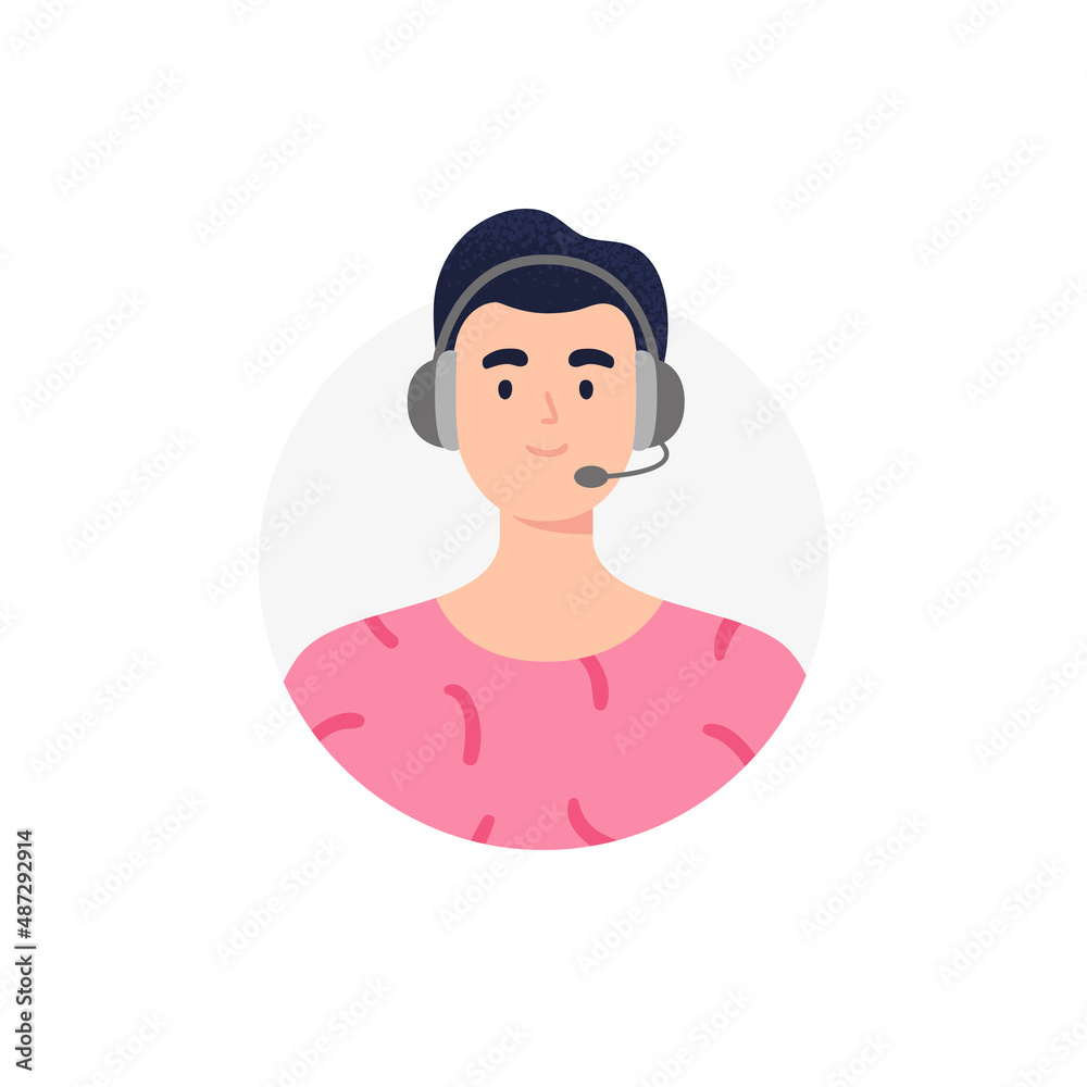 An avatar of man from a call center. Live chat operators, hotline operator, assistant with headphones. Online technical support 24 7. Vector flat illustration. An avatar of man from a call center. Live chat operators, hotline operator, assistant with headphones. Online technical support 24 7. Vector flat illustration.