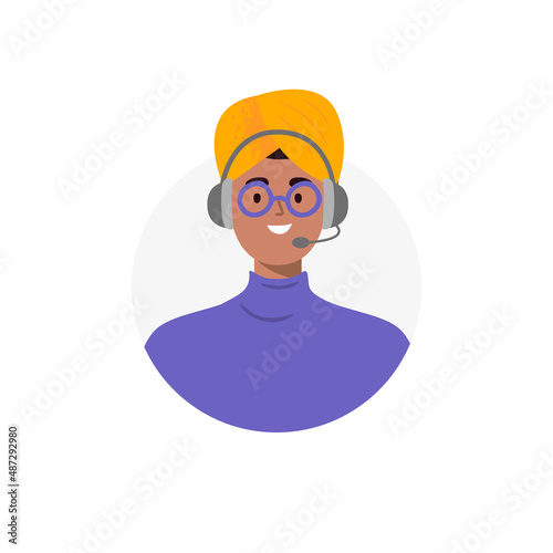 An avatar of inadian man from a call center. Live chat operators, hotline operator, assistant with headphones. Online technical support 24 7. Vector flat illustration.