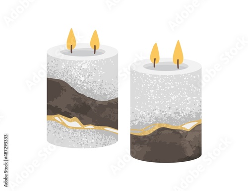Two-wick candles. Modern natural home decoration with burning light and fragrance. Aromatic scented 2-candlewick candlelights. Craft aroma decor. Flat vector illustration isolated on white background