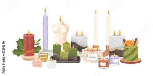 Decorative interior candles in candlesticks. Aroma SPA decoration in jars, on pedestals. Modern aromatic soy wax decor with fragrance and light. Flat vector illustration isolated on white background