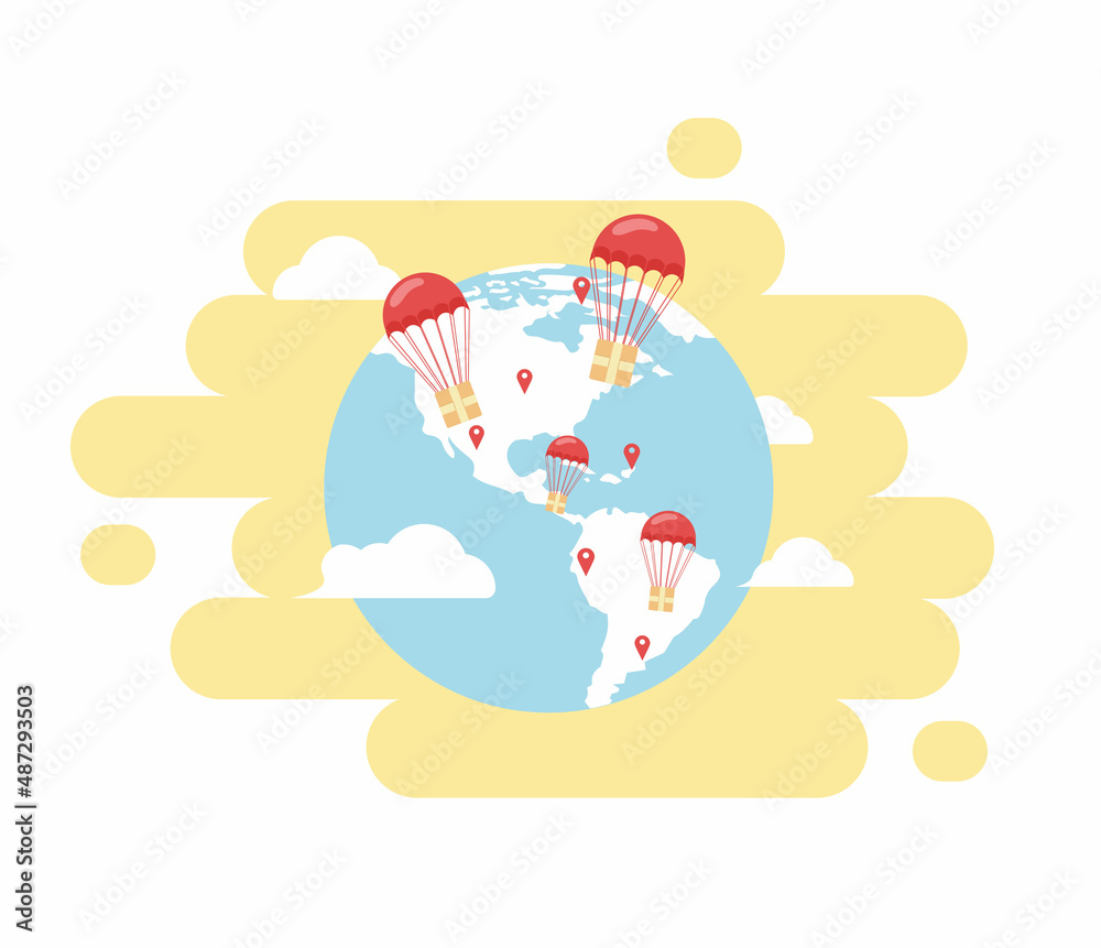 Delivery service on the world map. Boxes with goods fly by parachutes. Express delivery. Design elements for banner, poster, advertising, social networks. Vector illustration in cartoon style Delivery service on the world map. Boxes with goods fly by parachutes. Express delivery. Design elements for banner, poster, advertising, social networks. Vector illustration in cartoon style