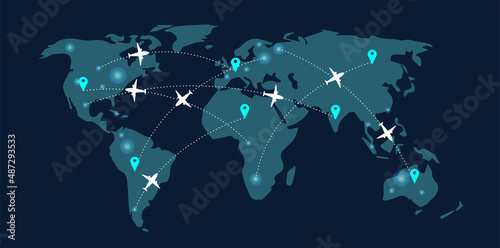 Top view world map with aircraft, air pathes and pins. Wide flat vector illustration for info graphic, web, banner. Global logistics network. World map with destination marker pins and plane travel