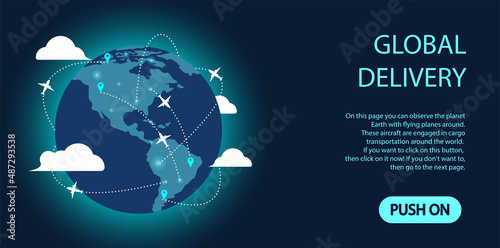 Travel around the globe. Global air delivery around the globe. World map with destination marker pins and plane travel routs. Space for text. Concept of banner, poster, advertising, social media