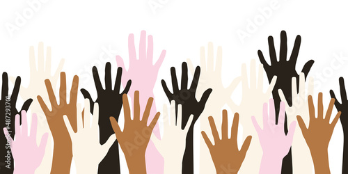 Hands of different skin colors with open palms, raised up. The concept against racism, and racial diversity. Horizontal seamless background. Vector illustration isolated on a white background for desi
