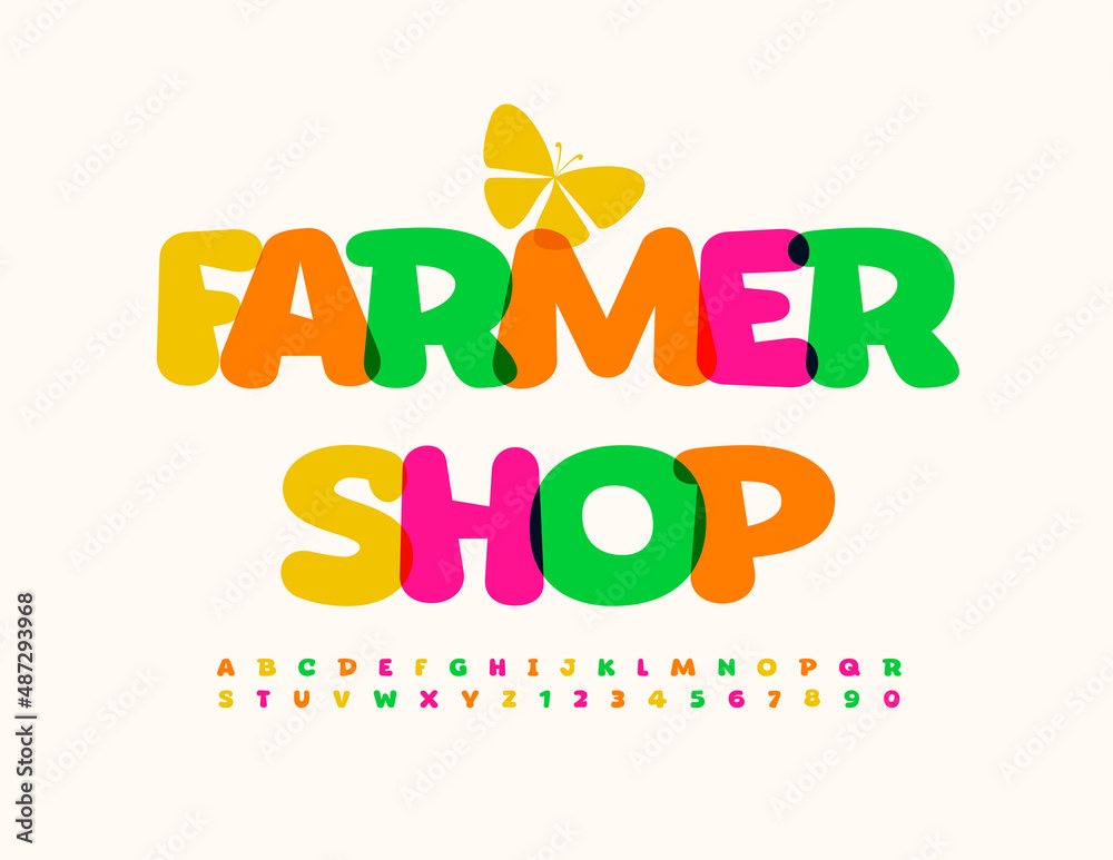 Vector bright logo Farmer Shop with decorative Butterfly. Watercolor Alphabet Letters and Numbers set. Artistic style Font