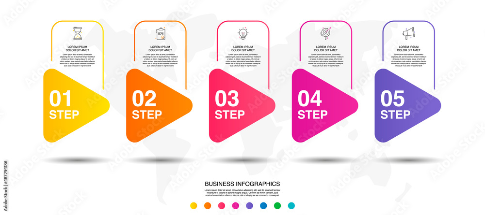 Vector infographics with 5 triangles. Business concept graphic process template with five steps and icons. Graphic timeline for a project on white background - obrazy, fototapety, plakaty 