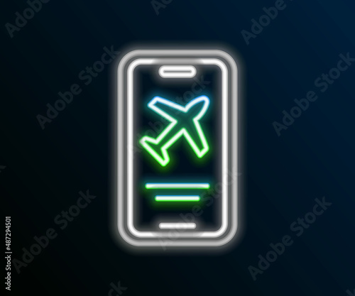 Glowing neon line Smartphone with electronic boarding pass airline ticket icon isolated on black background. Passenger plane mobile ticket for web and app. Colorful outline concept. Vector