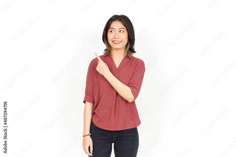 Showing Product and Pointing Side Of Beautiful Asian Woman Isolated On White Background Showing Product and Pointing Side Of Beautiful Asian Woman Isolated On White Background
