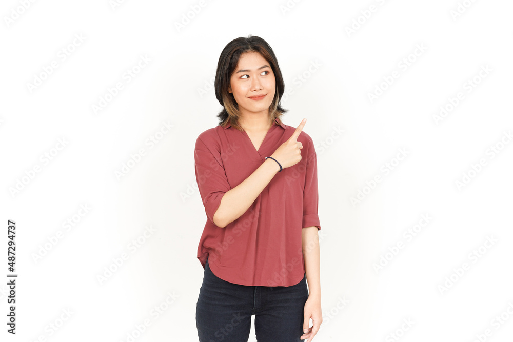 Showing Product and Pointing Side Of Beautiful Asian Woman Isolated On White Background Showing Product and Pointing Side Of Beautiful Asian Woman Isolated On White Background
