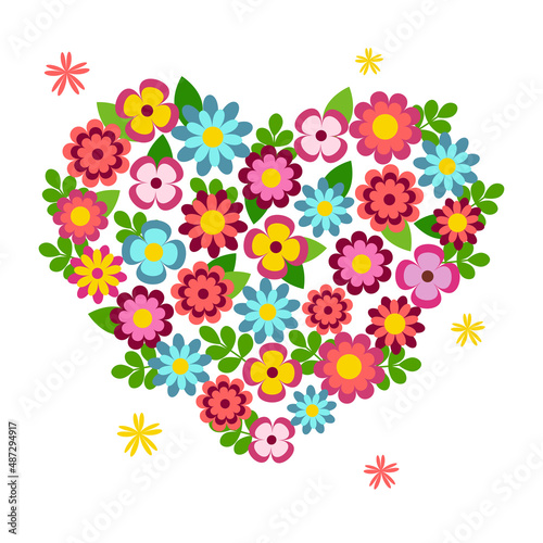 Vector illustration of a heart made of flowers on a white background. Clip art, greeting card, picture.