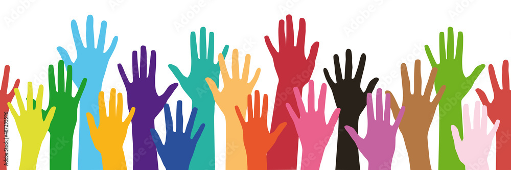 Multicolored hands with open palms, raised up. The concept against racism. The concept of childhood. Horizontal seamless background. Vector illustration isolated on a white background for design.
