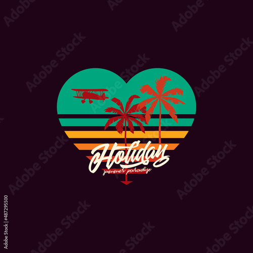 Original vector illustration. Palm trees and a plane on the background of a retro sunset in the shape of a heart in the style of the 80s. T-shirt design, design element.