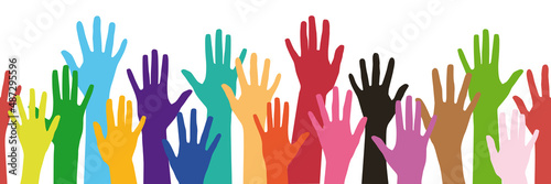 Multicolored hands with open palms, raised up. The concept against racism. The concept of childhood. Horizontal seamless background. Vector illustration isolated on a white background for design.